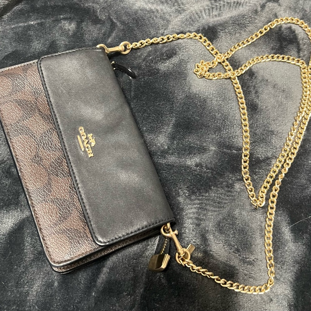 Coach Signature Black and Brown Crossbody Bag with Gold Chain